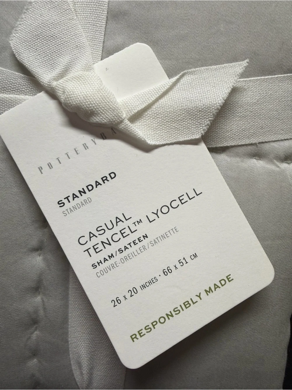 Pottery Barn Casual Tencel Lyocell Standard Pillow Sham Cover Stitched Gray NWT